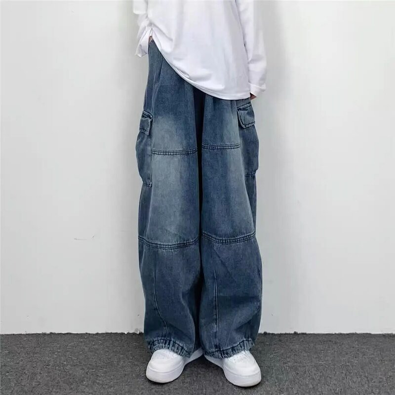 Wiosna i jesień Vintage Kombinezon z szeroką nogawką i dużą kieszenią Mężczyźni Y2K Neutralne Luźne Proste nogawki Casual High Street Hip Hop Jeans