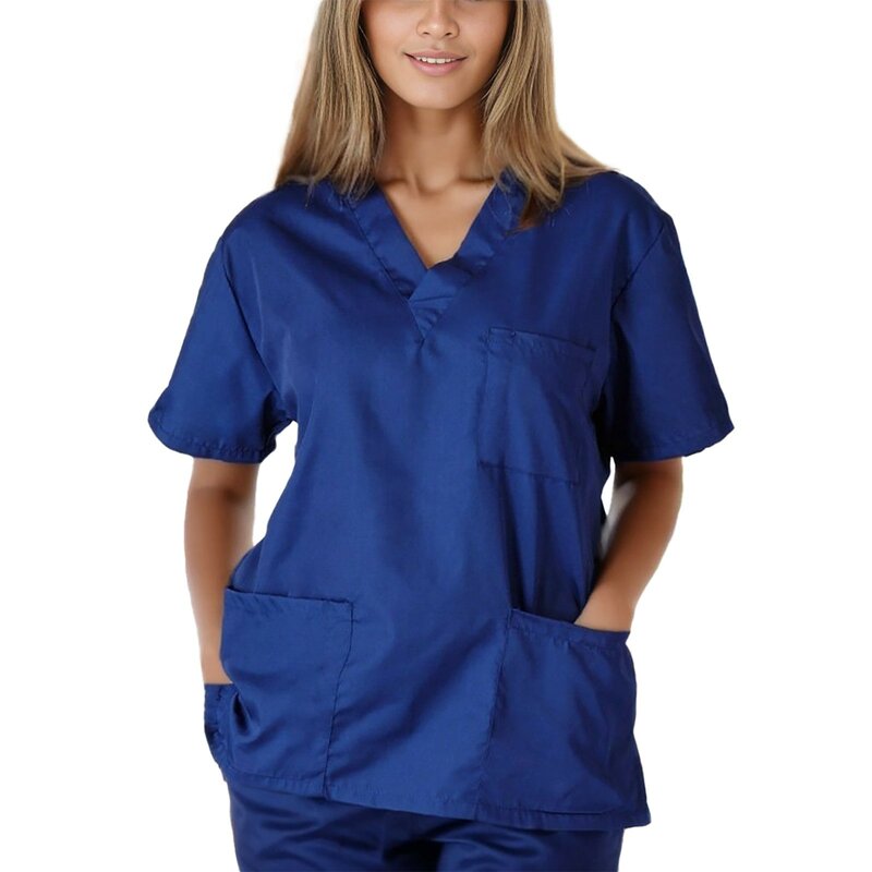 Multi Pocket Women Nursing Scrubs Top Short Sleeve V-Neck Nurse Uniform Medical Clinic Operating Room Tops Women Scrubs Top