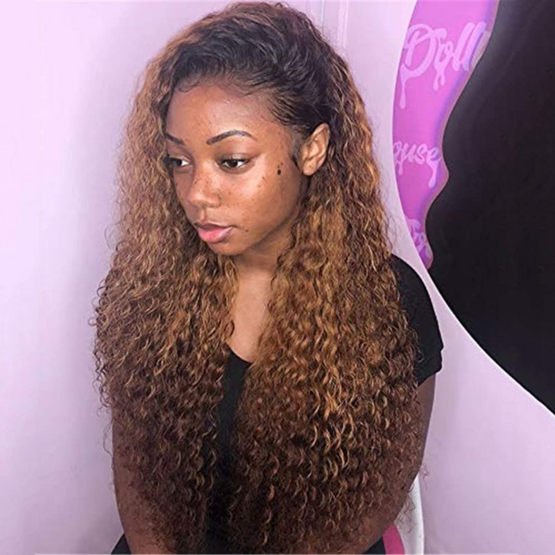 Highlight Curly Lace Front Wigs Dark Root Ombre Brown Honey Blonde Synthetic Kinky Curly Wigs Pre Plucked With Baby hair