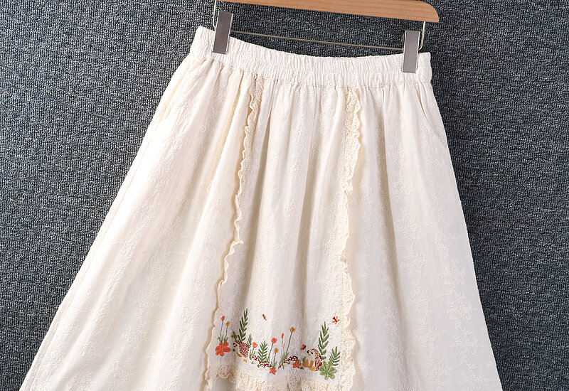 女性のための甘い刺embroideredミディスカート、伸縮性のあるウエスト、カジュアルポケット、春と夏、WH0425-24068
