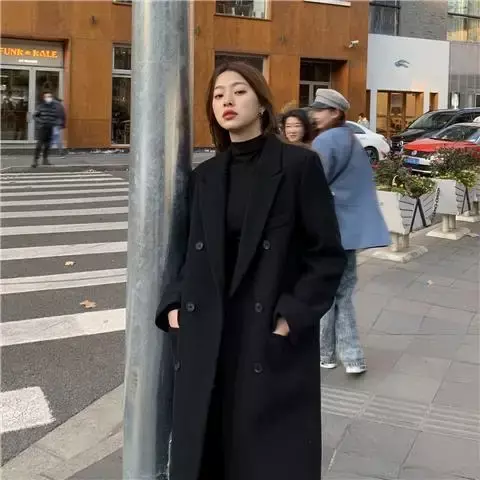 Autumn and winter Korean high quality wool coat 2022 new women's classic retro double breasted loose fit medium length wool coat