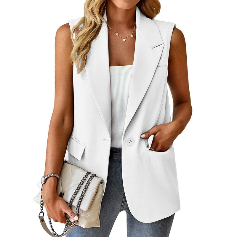 Women Solid Color Sleeveless Coat Lapel Cardigan Suit Simple Elegant Cardigan Jacket With Pockets Ladies Chic Casaco Feminino