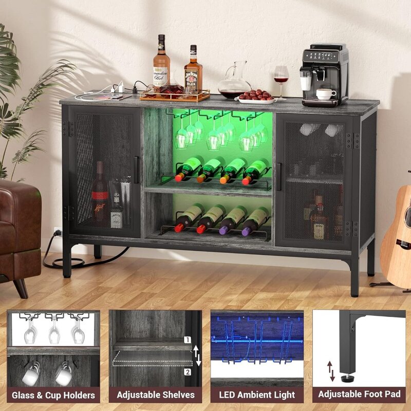 خزانة بار نبيذ مع مصابيح LED ومنافذ طاقة ، خزانة قهوة صناعية للمشروبات الكحولية والنظارات ، بيت مزرعة