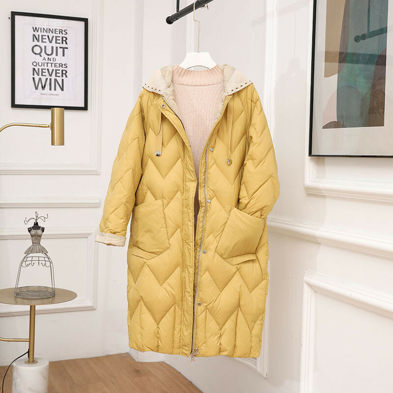2022 Autumn Winter Women Warm Thick White Duck Down Jacket Parkas Knitted Patchwork Hooded Down Coat Ladies Long Puffer Outwears