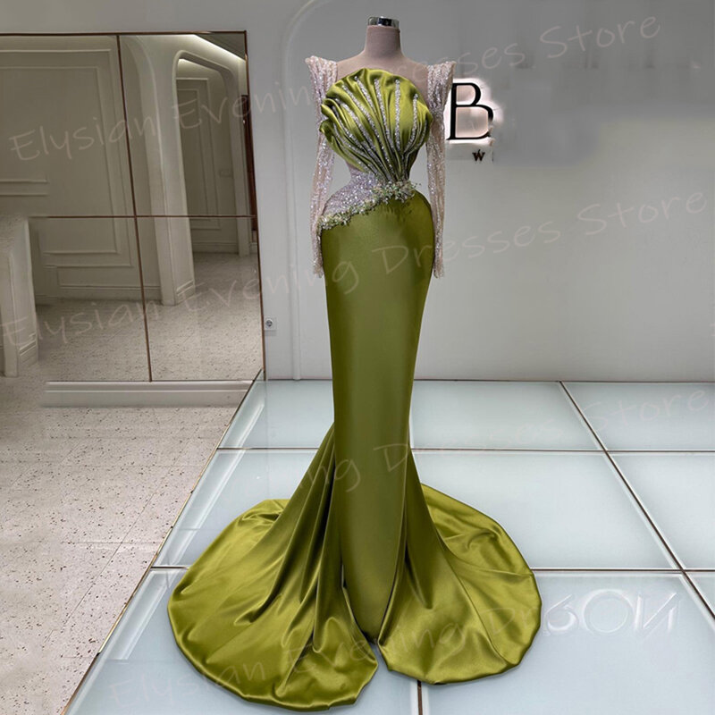 Schöne grüne Frauen Meerjungfrau exquisite Abendkleider Langarm Schatz Ballkleider Perlen formelle Gelegenheit فساتين س카رة
