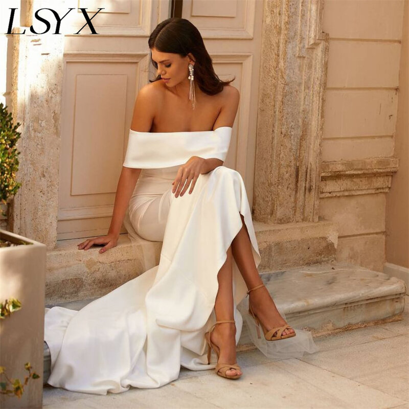 LSYX Elegant Off Shoulder Backless Mermaid Wedding Dress For Women 2024 Simple Crepe Sweep Train Minimalism Bridal Gown