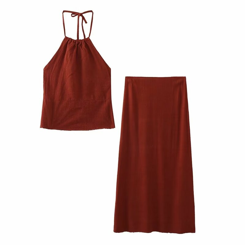 Dave&Di  Moroccan Retro Style Brick Red FashionTop High Waist Midi  Camisole Skirt Two Pieces Set Women