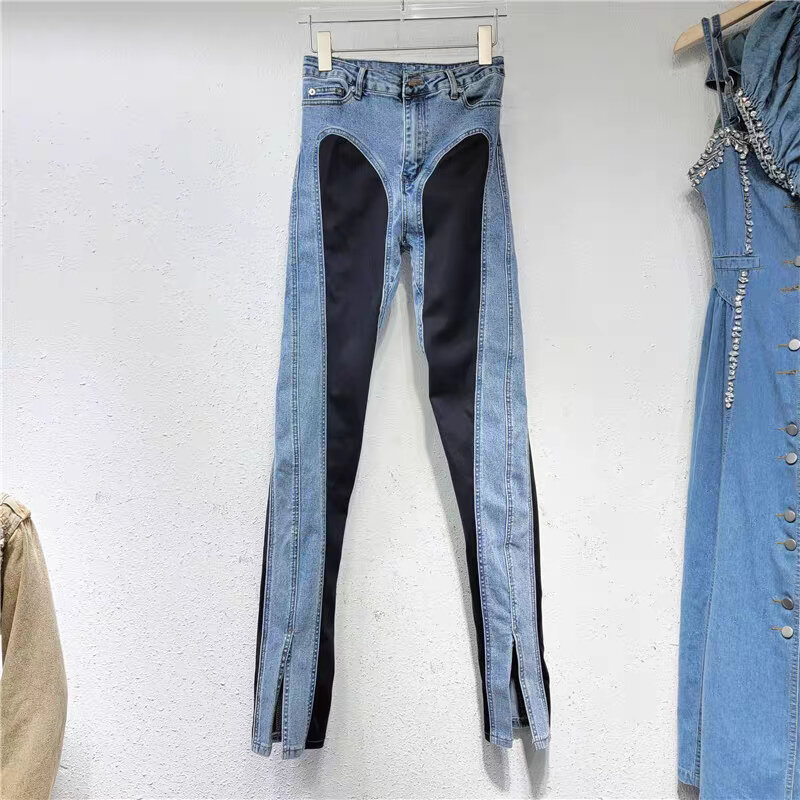 Jeans retrô emagrecedor de cintura alta feminina, com contraste de cor, calça jeans lápis stretch, nova, primavera e verão, 2024