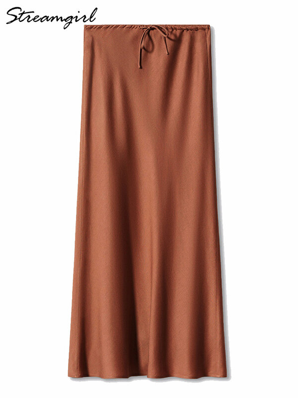 Женская Длинная атласная юбка-трапеция Streamgirl, Элегантная черная бежевая юбка макси с высокой талией, шелковая длинная юбка на шнуровке для женщин, 2024