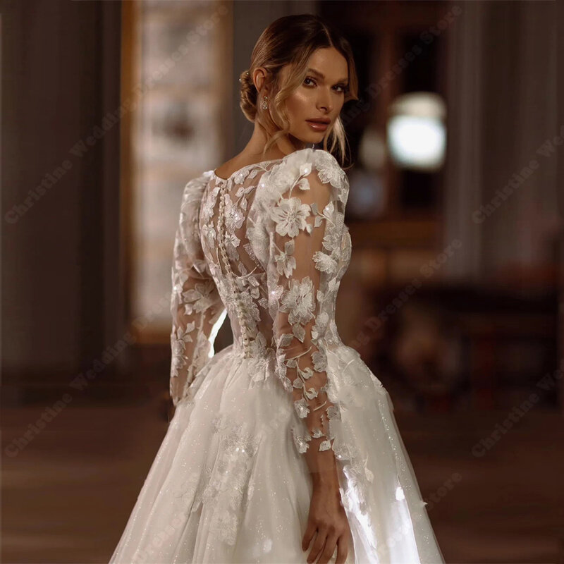 ชุดเจ้าสาวลูกไม้แขนทรงเอไลน์สดใสสง่างามสำหรับงานแต่งงานของผู้หญิงเสื้อคลุมยาวแบบเจ้าหญิงโบฮีเมียน
