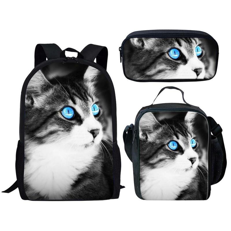 Tas sekolah motif kucing lucu 3 buah, Set tas sekolah untuk anak laki-laki dan perempuan, tas buku anak-anak, tas makan siang, tas pensil, ransel kasual harian Remaja