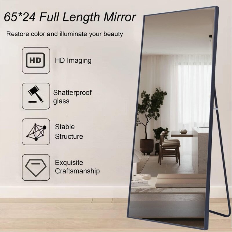 Espejo de longitud completa para dormitorio y sala de estar, espejos de piso de 65 "x 24", espejo negro grande, espejos rectangulares para colgar de pie
