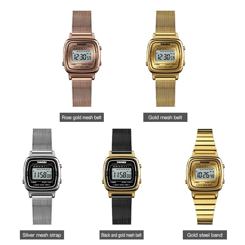 Skmei-Montre-bracelet de luxe en acier inoxydable pour femme, montre-bracelet de sport, étanche, petit cadran, horloge numérique DNono, compte à rebours, mode féminine