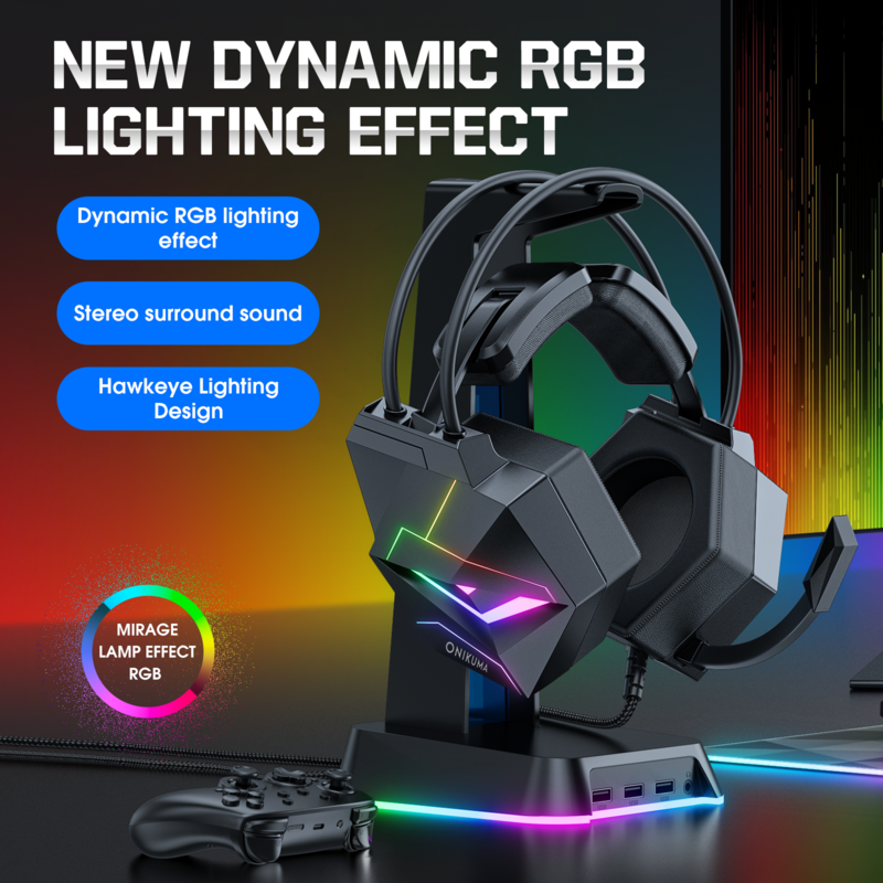 ONIKUMA X20 słuchawki gamingowe z Dynatic oświetlenie RGB 3.5mm 7.1 Surround przewodowe słuchawki zestaw słuchawkowy do gier do komputera komputer dla graczy