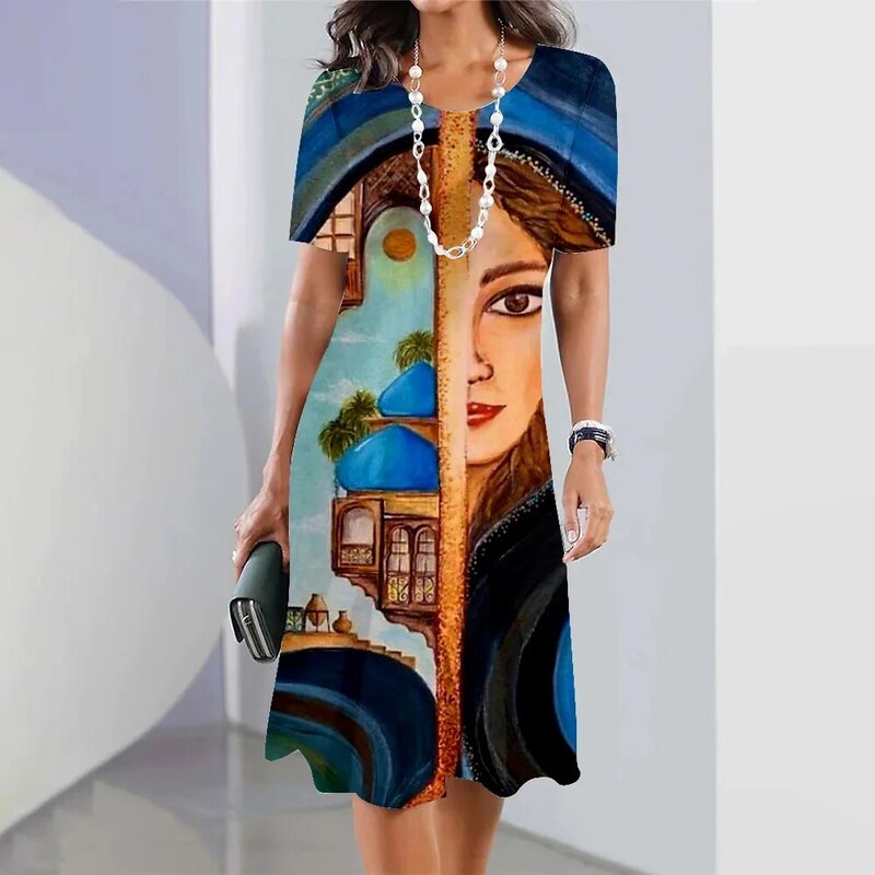 Gaun wanita lengan pendek, baju wanita elegan, lengan pendek, musim semi dan panas, leher bulat, motif potret hewan, gaya lukisan minyak