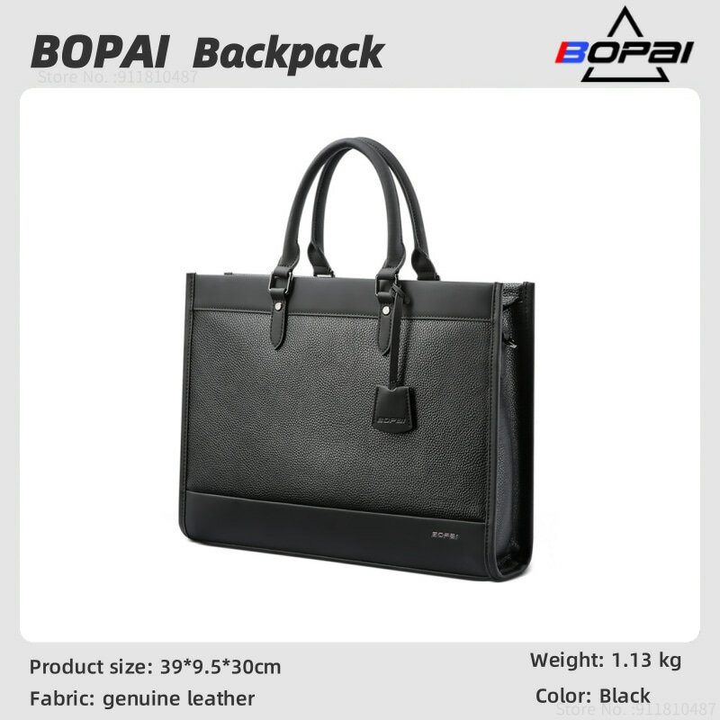 BOPAI-Bolso de mano de cuero para hombre, maletín de negocios de gran capacidad, funda para portátil, bolso de alta calidad con capa de cabeza Natural, maletín de piel de vaca