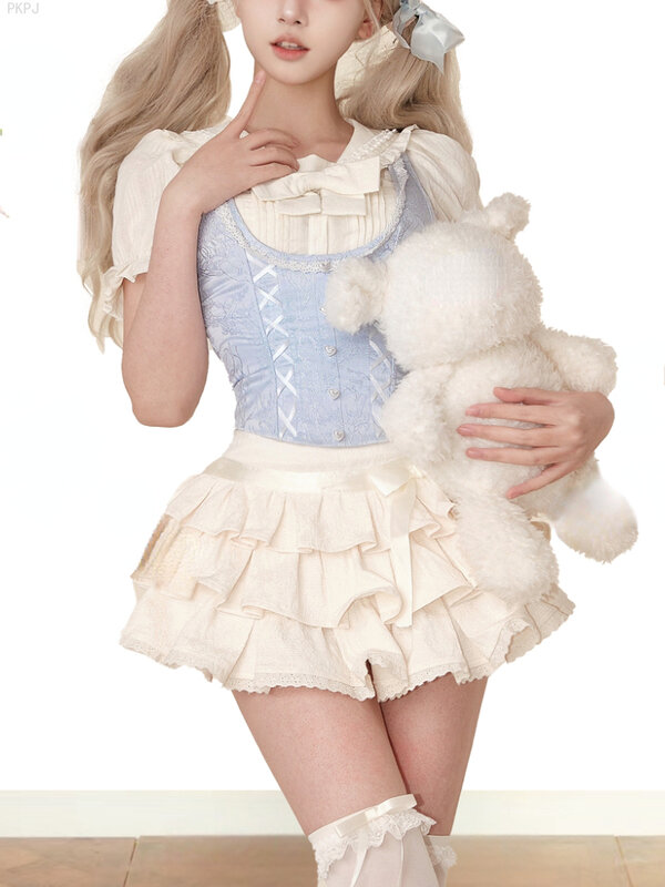 Summer Kawaii Lolita Skirt Suit Women Japanese Sweet 3 Piece Set Female 2024 Bow Lace Blouse + Blue Cute Vest + Party Mini Skirt