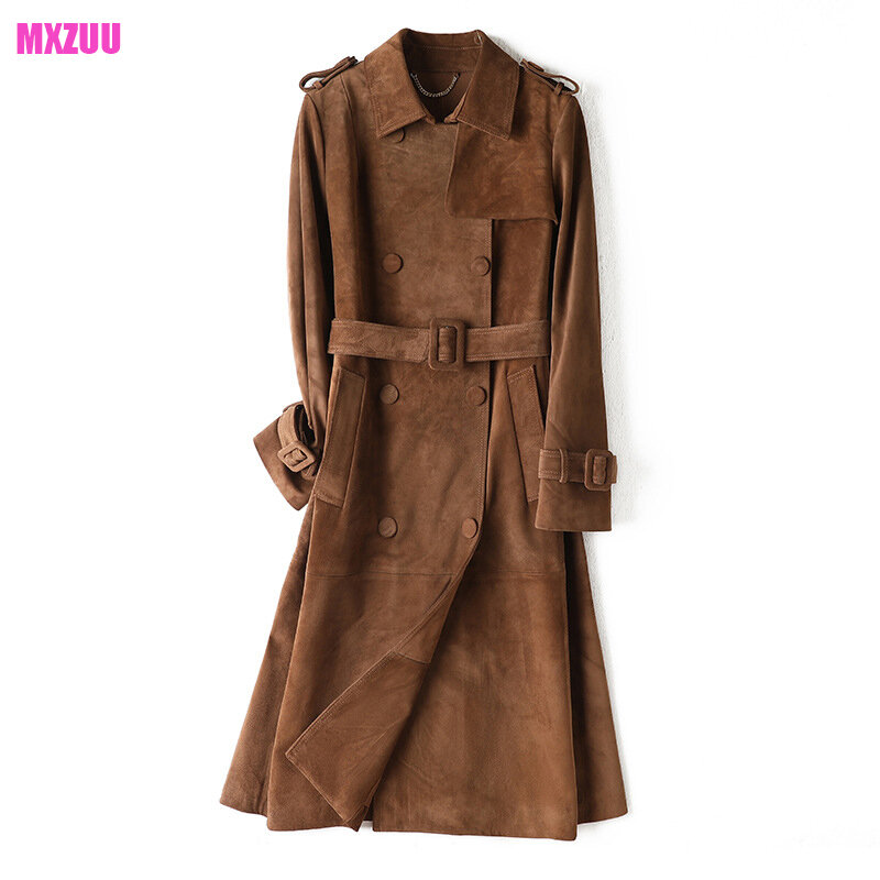 Real Leather Jacket Women Autumn Winter Cow Suede Classic Windbreaker Coffee Double-Breasted Lapel Belt Slim Long Trench Coat