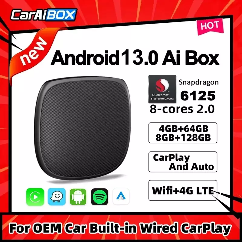 CarAiBOX 카플레이 Ai 박스, 퀄컴 6125 8 코어 CPU, 안드로이드 13.0, 무선 카플레이, OEM 차량용 내장 유선 카플레이