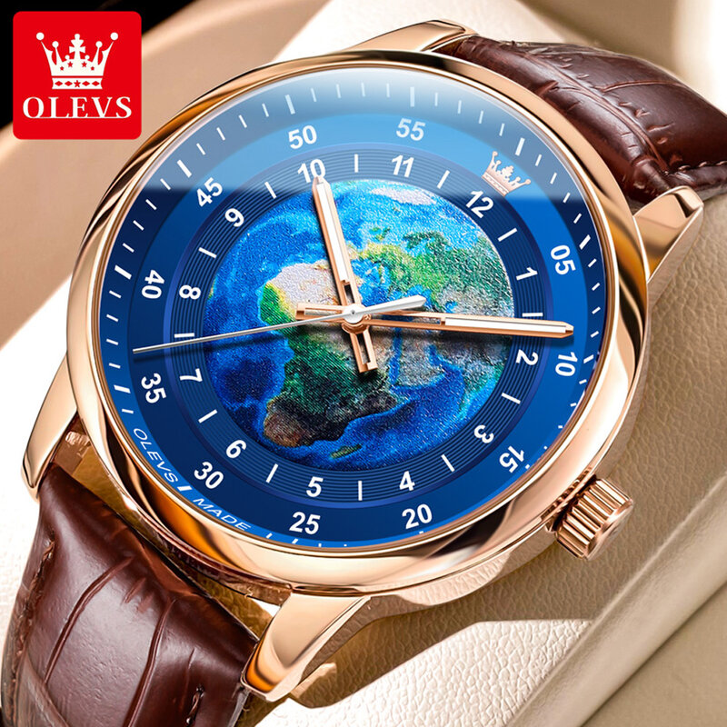 OLEVS-reloj de cuarzo para hombre, cronógrafo de cuero, luminoso, resistente al agua, de marca superior, de lujo, color oro rosa y azul, nuevo