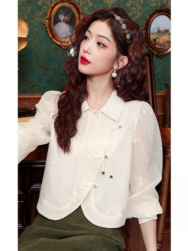 Nowa chińska odzież damska, koszula z długim rękawem zapinana na guziki w stylu chińskim, mała koszula, krótki szyfonowy top