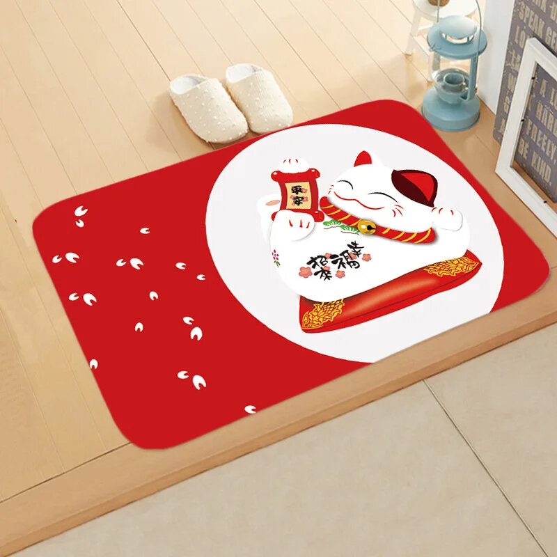 Keset kartun kucing keberuntungan gaya Jepang, karpet anti licin untuk ruang tamu, Kamar tidur, keset lantai kucing lucu