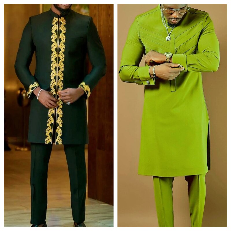 Herren soziale Anzüge Set von 2 Herren Rundhals ausschnitt lange Ärmel einfarbig getäfelte Hemden Festival Party afrikanischen ethnischen Stil (M-4XL)