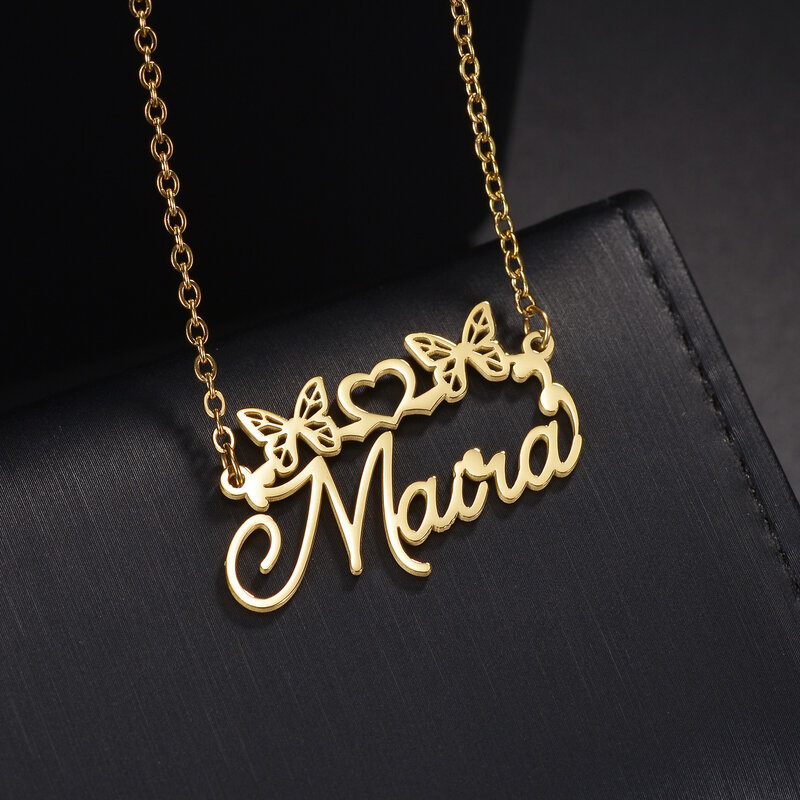 Akizoom Customized Name Necklaces Personalized Stainless Steel Pendant Letter Gold Color Butterfly for Women Kids Jewelry Gift