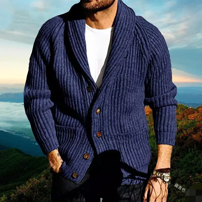 Cárdigan de punto con solapa de manga larga para hombre, suéter ajustado de un solo pecho, abrigo de otoño e invierno, novedad de 2023