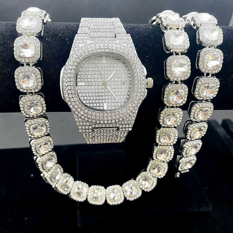 Luxury Watch + Chain + Bracelet Bling Iced Out Crystal 12MM Cuban Paved Rhinestone Miami Zircon Men's Necklaces for Men Jewelry