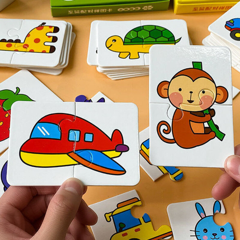Kartu cocok balita, 32 buah mainan Puzzle pendidikan montesori awal, bentuk hewan kartun, hadiah latihan kognitif
