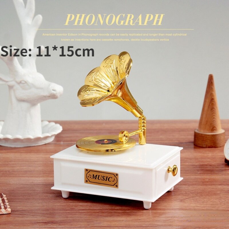 European-style Gramophone Model Music Box Office Decoration Phonograph Shape Retro Gramophone Drawer Music Box Hand Crank