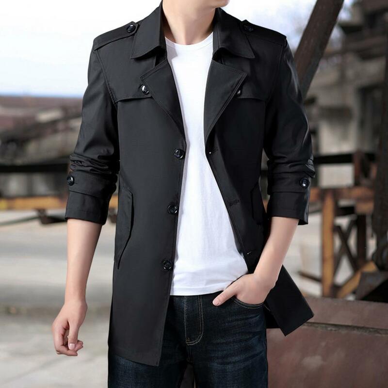 Fashion Men's Lapel Long Sleeves Pockets Buttons Closure Men Windbreaker Spring Autumn Mid-Length Thick Business Overcoat