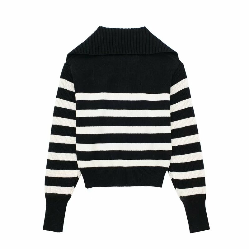 Women New Fashion Zipper decoration Cropped Striped Knitted Sweater Vintage Lapel Long Sleeve Female Pullovers Chic Tops