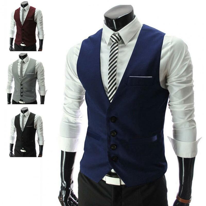 Terno colete masculino cor sólida formal sem mangas bolsos negócios colete workwear simples workwear