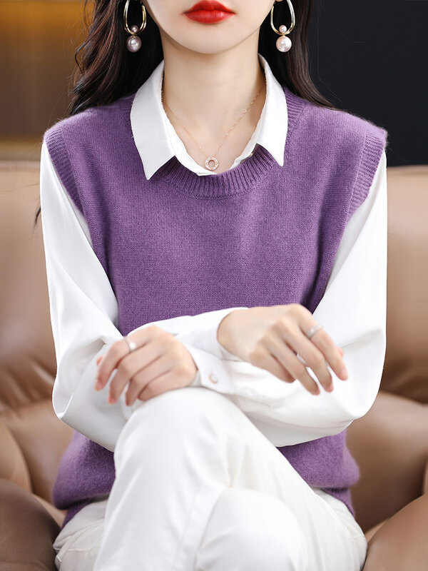 Jersey de punto con cuello redondo para mujer, chaleco sin mangas, suéter suelto informal, abrigo corto de lana, Top de punto