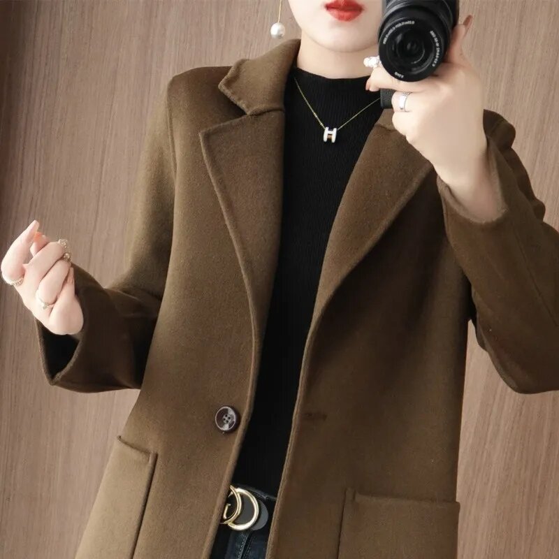 Giacca in Cashmere a doppia faccia soprabito da donna moda sciolto lungo tempo libero giacche a vento in lana nuova primavera autunno cappotto di lana sottile
