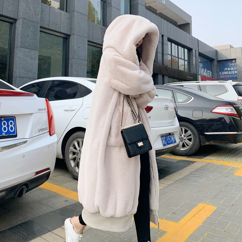 Mantel Bulu Palsu Musim Dingin Besar Wanita Berbulu Panjang Hangat Jaket Bulu Kelinci Mantel Hoodie Longgar Mantel Musim Dingin Pakaian Luar Casaco Feminino