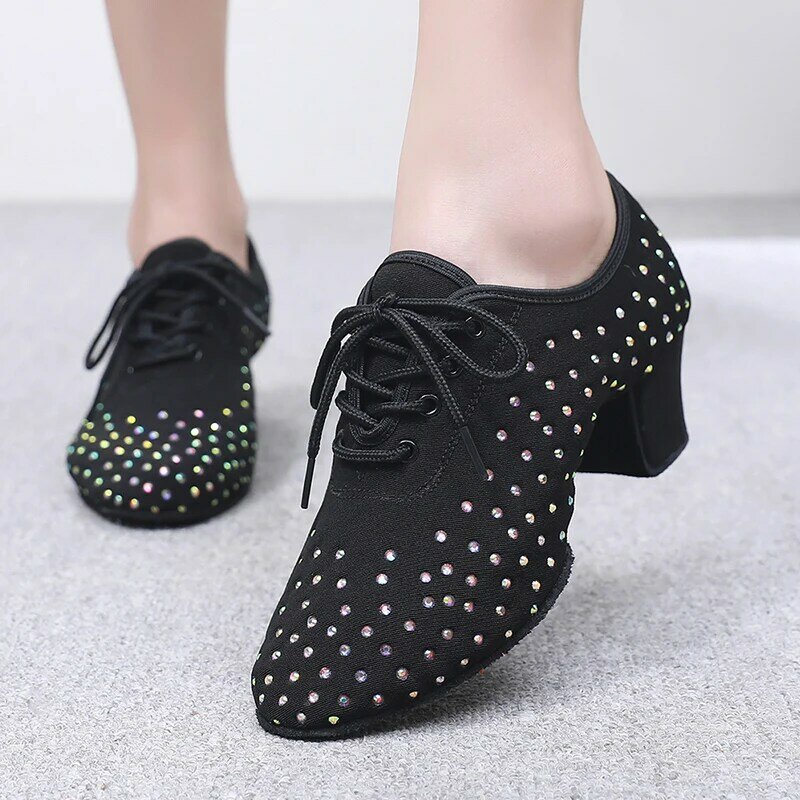 สไตล์ใหม่ผ้าใบครูรองเท้าผู้หญิงรองเท้าเต้นรำแบบละตินกลาง Heel Oxford เต็มเจาะเต้นรำรองเท้าเต้นรำบอลรูมรองเท้า