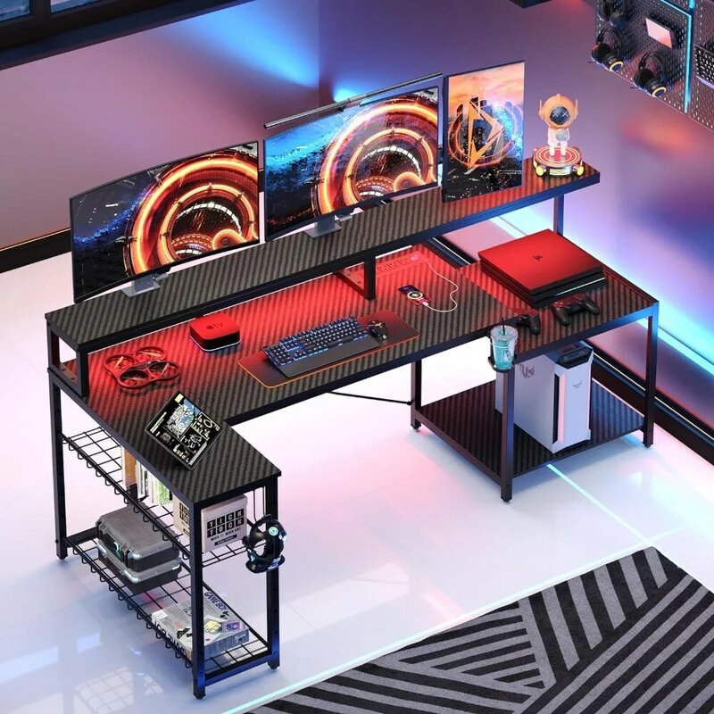 Bestuner meja Gaming dengan outlet daya, meja komputer LED 71.5 dengan dudukan Monitor panjang, meja sudut bentuk L besar