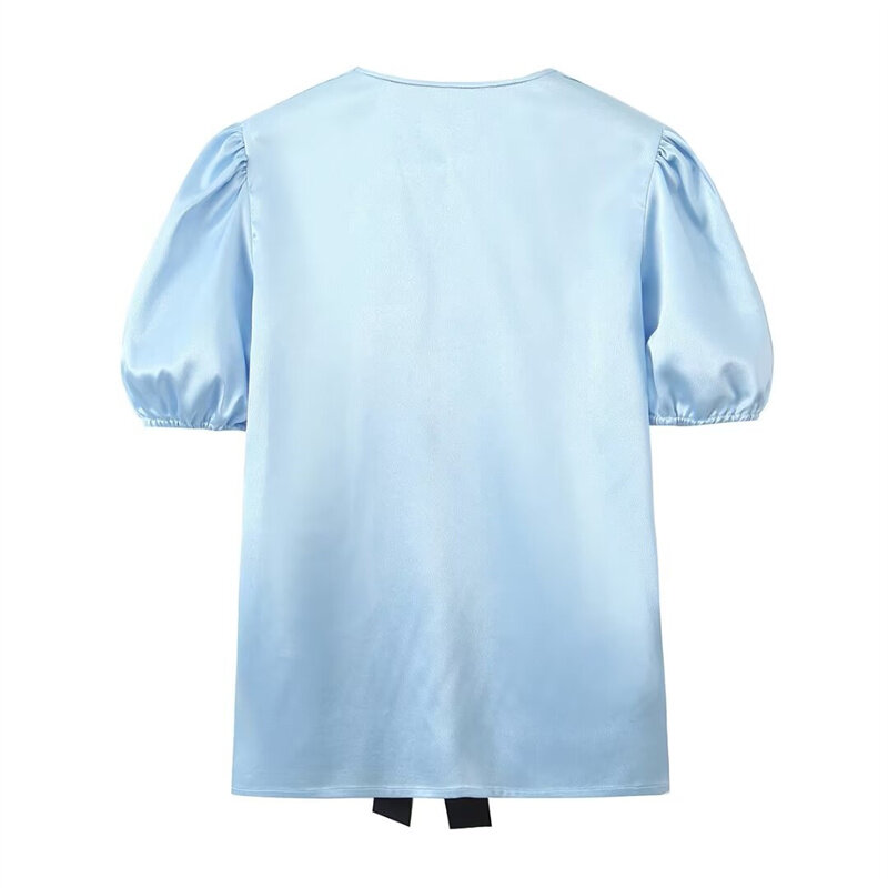 Keyanketian Neu einführung Schnür bogen Dekoration Frauen Satin Shirt süße Puff ärmel himmelblaue Bluse schickes Design gerade Spitze