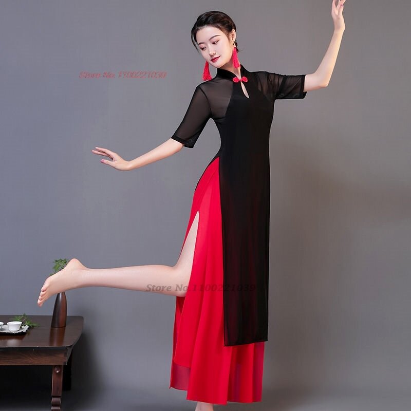 2024 traditional chinese dance costume vintage mesh qipao tops+pants set stage performance practice set ancient folk dance suit