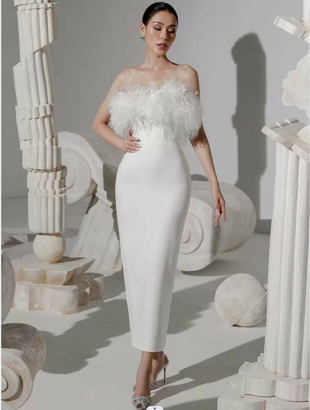 SHUIYUN-vestido de novia sin tirantes para mujer, sexy, precioso diseño de borla de plumas, glúteos blancos envueltos