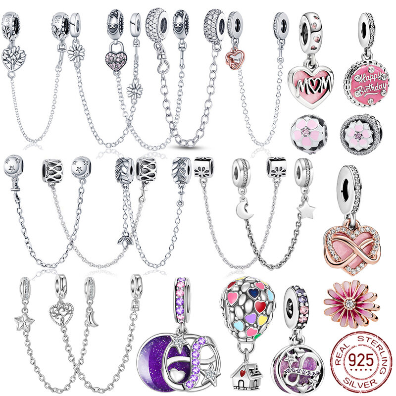 Женская серебряная подвеска в виде цветка маргаритки, 9 моделей, циркониевая Защитная цепочка, шармы-бусины, подходят для оригинальных браслетов Pandora DangleDIY