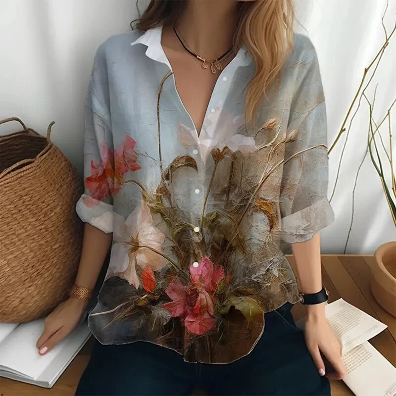 Camisa retrô de manga comprida feminina casual, roupa elegante, primavera e verão, novo estilo, alta qualidade