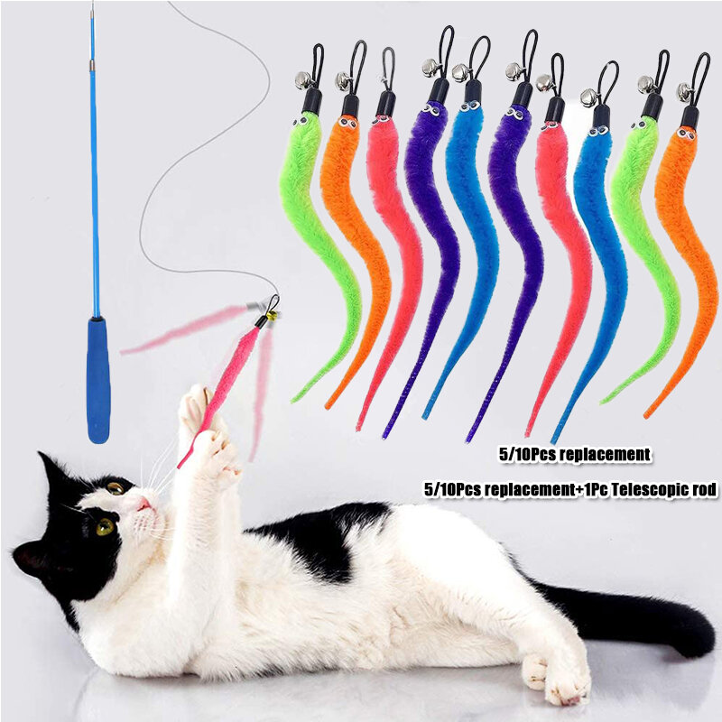 Sostituisci gli accessori del giocattolo del gatto della peluche testa di ricambio dei vermi giocattoli divertenti dell'animale domestico del bastone del gatto 5/10/6/11 Pcs