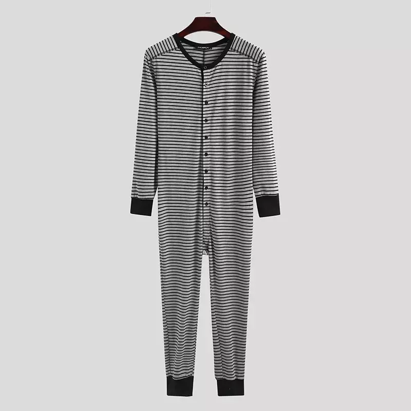 Mens One Piece Pajamas Jumpsuit Man Striped Long Sleeve Comfortable Button Sleepwear Nightwear Homewear Pajamas