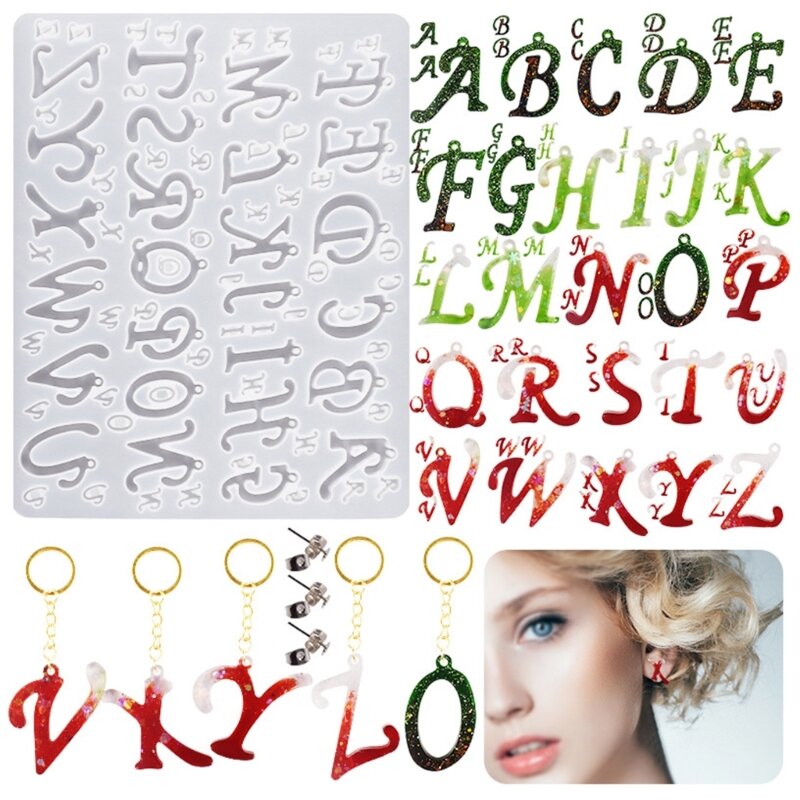 Molde silicone formato letra brilhante para chaveiro faça você mesmo, pingente alfabeto, molde chaveiro, joias,
