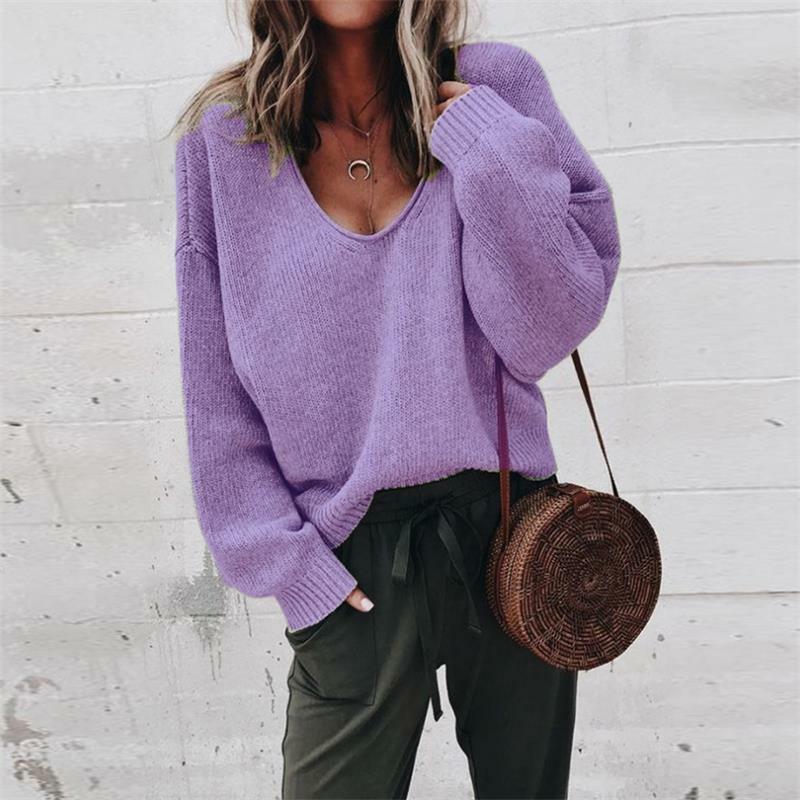여성 V넥 플러스 사이즈 스웨터, 단색 패션 트렌드, 2023 가을 겨울 신상