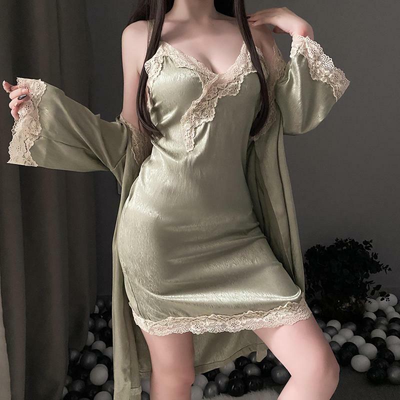 Nowa bielizna erotyczna damska sweter wiosna/lato Sexy Suspendron Dress Tie zielona Matcha satyna koronkowa koszula nocna Loungewear